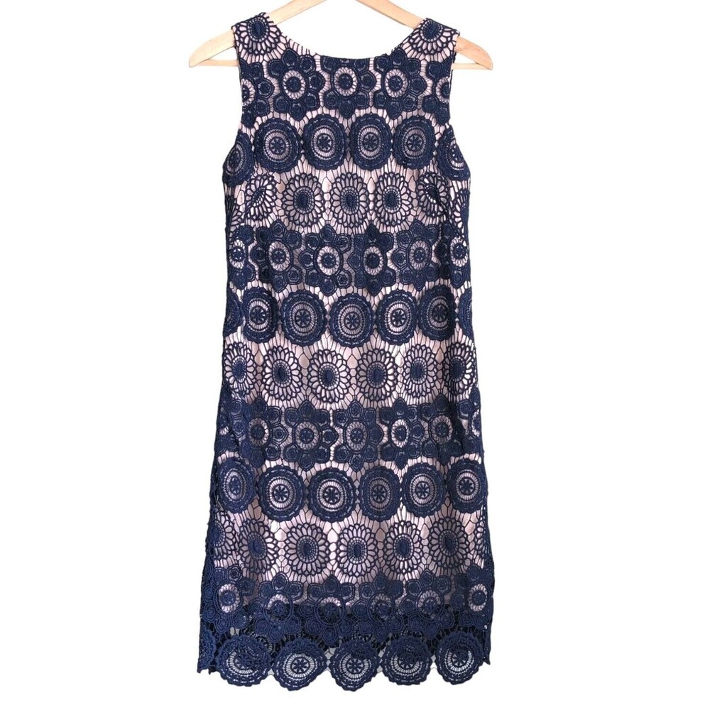 Eliza J Womens 4 Wedding Guest Dress Navy Blue Crochet Circle Lace Overlay